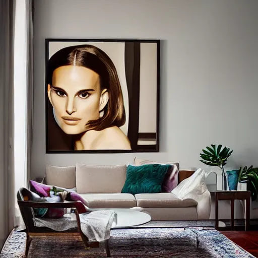 Image similar to a living room arrangement that resembles Natalie portman's face, optical illusion, photograph 110mm lens Canon