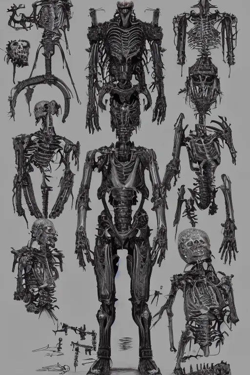 Prompt: cyborg zombie king with gunmetal grey skin, medical anatomy, very symmetrical face, highly detailed, mecha, three - perspective / three - view reference sheet ( front / back / side ), in the style of james gurney, dan ouellette, hr giger, sil from species, dren from splice, biomechanical, artstation, unreal engine