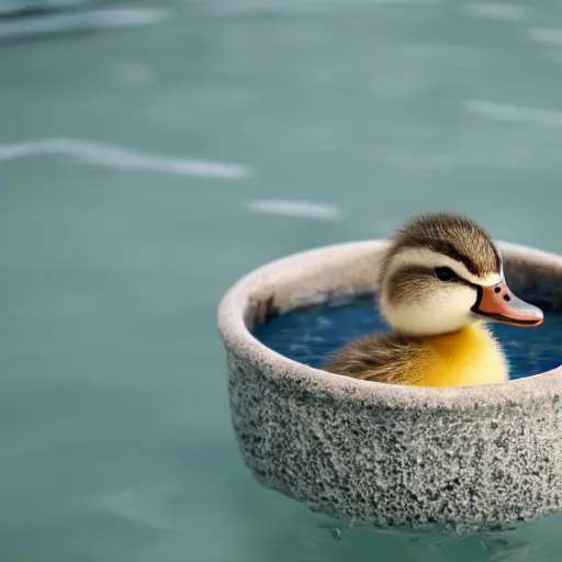 Prompt: cute duckling swimming in a small bowl of clear water, photography, minimalistic, 8 k