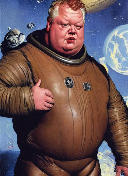 Prompt: upper body portrait of baron harkonnen wearing a leather spacesuit floating in space, dystopian, mean, angry, by tom lovell and dean cornwell and norman rockwell, photoreal, character concept art, artstation