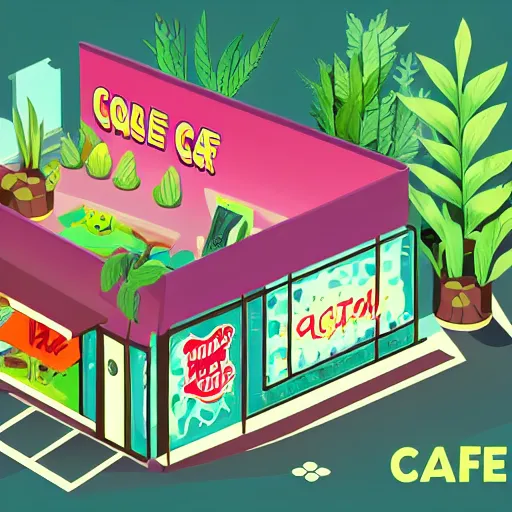 Image similar to isometric cute cartoon illustration style cafe australian, decorated with small pot plants 🪴 cannabis leaves, utopia frontage, pop art poster, beautiful colors pastel palette by will barnet pixar render