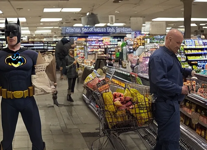 Prompt: film still of Batman working as a Bagger at a grocery store in the new batman movie, 4k