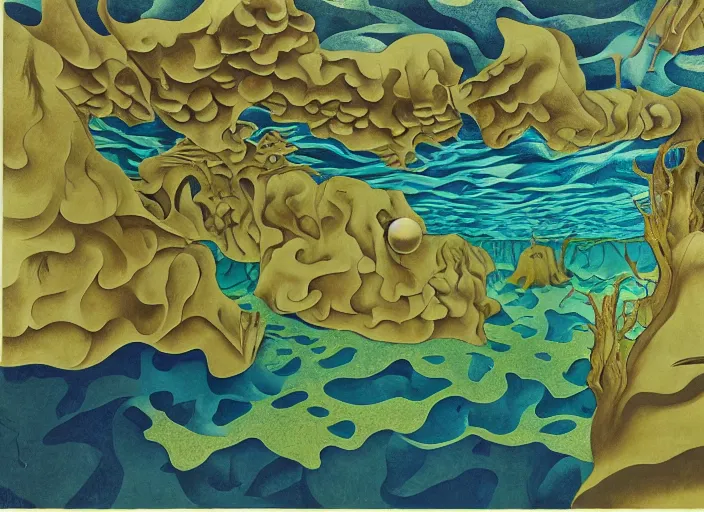 Prompt: an underwater landscape painted by, mc escher, gordon onslow ford, georgia o'keeffe and ippolito caffi,