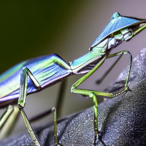 Prompt: award winning close up macro photo of a deadly mantis draped in highly reflective liquid mercury.