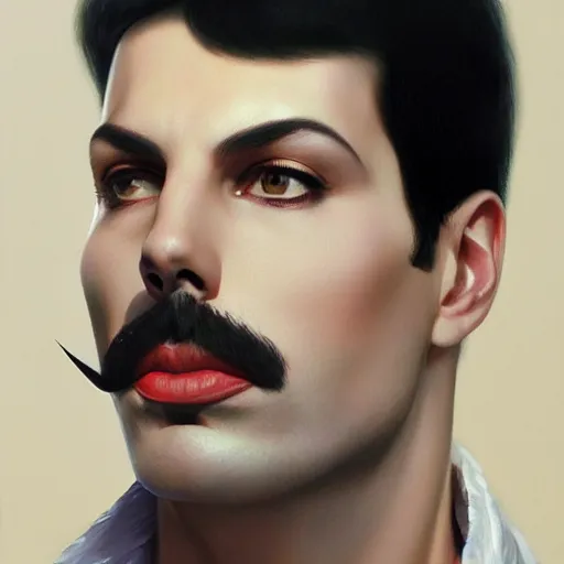 Image similar to of an ultradetailed beautiful portrait panting of freddie mercury, front view, oil painting, by ilya kuvshinov, greg rutkowski and makoto shinkai