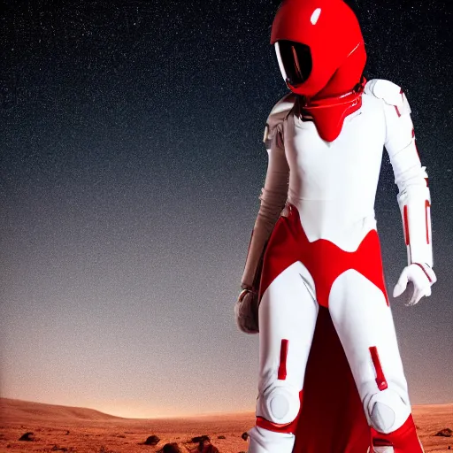 Image similar to portrait of a athletic female soldier in glossy sleek white armor with tiny red details and a long red cape, heroic posture, on the surface of mars, night time, dramatic lighting, cinematic, sci-fi, hyperrealistic