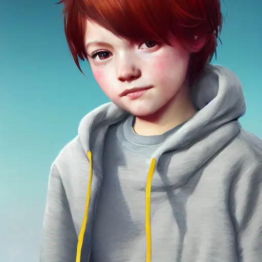 Image similar to a cute tiny girl with short red hair wearing a hoodie, digital art, very beautiful face, pretty face, very detailed eyes, full body illustration, 8 k resolution, soft painting, by greg rutkowski, wlop, rossdraws,