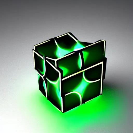 Prompt: metal very complex mechanical cube with green light flying through space