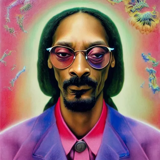 Image similar to colour masterpiece surreal closeup portrait photography of snoop dogg by miho hirano and annie leibovitz and michael cheval, psychedelic smoke background by kilian eng and roger dean and salvador dali and beksinski, 8 k