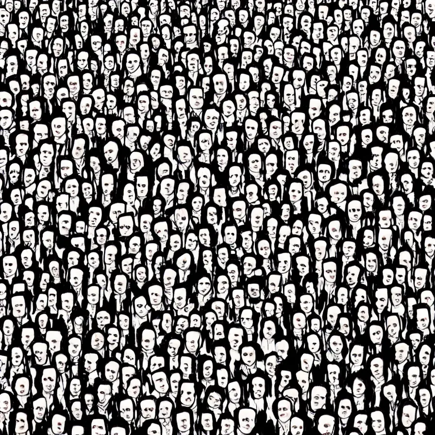 Prompt: Artwork that illustrates a crowds of anonymous faces who have all lost their way in life.