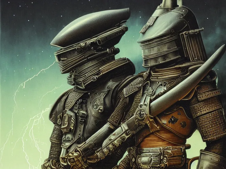 Prompt: a detailed profile painting of a bounty hunter in engraved knight armour and visor. cinematic sci-fi poster. Cloth and metal. Welding, fire, flames, samurai Flight suit, accurate anatomy portrait symmetrical and science fiction theme with lightning, aurora lighting clouds and stars. Clean and minimal design by beksinski carl spitzweg giger and tuomas korpi. baroque elements. baroque element. intricate artwork by caravaggio. Oil painting. Trending on artstation. 8k