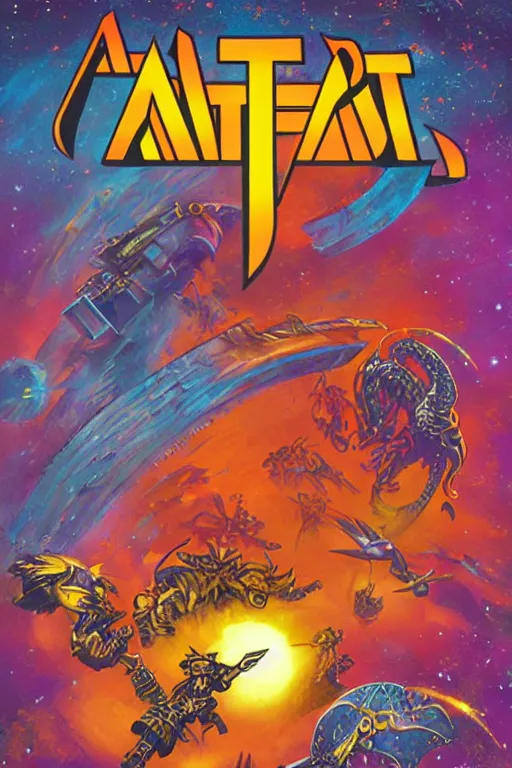 Prompt: atari fantasy box cover design, art by warren chang