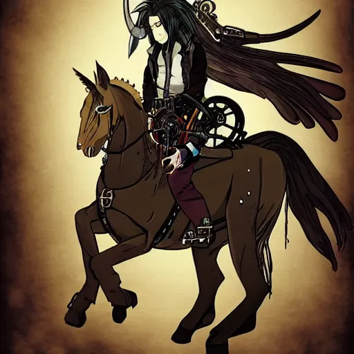 Image similar to reze from chainsaw man riding a unicorn, steampunk style