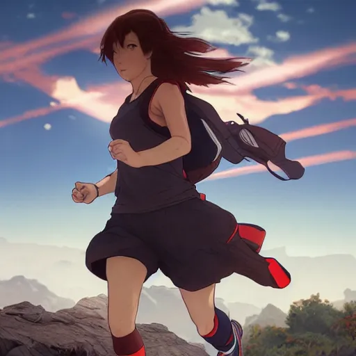 Prompt: a girl is running, red sport clothing, marathon, anime style, brown short hair, hair down, symmetrical facial features, from arknights, hyper realistic, rule of thirds, extreme detail, detailed 4 k drawing, safebooru, realistic lighting, by alphonse mucha, greg rutkowski, backlit