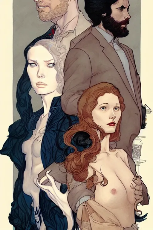 Image similar to artwork by James Jean, Phil noto and Rebecca guay of a handsome man and a beautiful woman back to back