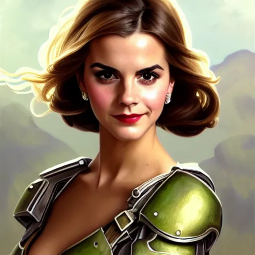 Prompt: A combination of Victoria Justice's and Grace Kelly's and Emma Watson's appearances wearing Master Chief's armor, full body portrait, western, D&D, fantasy, intricate, elegant, highly detailed, digital painting, artstation, concept art, matte, sharp focus, illustration, art by Artgerm and Greg Rutkowski and Alphonse Mucha