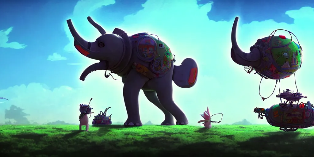 Prompt: a post apocalyptic 8 0's flying robot elephant, ridden by a cute bunny bat, covered by nature hippy psychedelic vibes by studio ghibli, cartoon network, animation, sharp, rendered in unreal engine 5, focused, anime key art by greg rutkowski, bloom, dramatic lighting