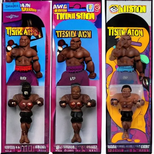 Image similar to mike tyson action figure on acid, detailed facial expressions, 1 9 8 0 s aesthetic