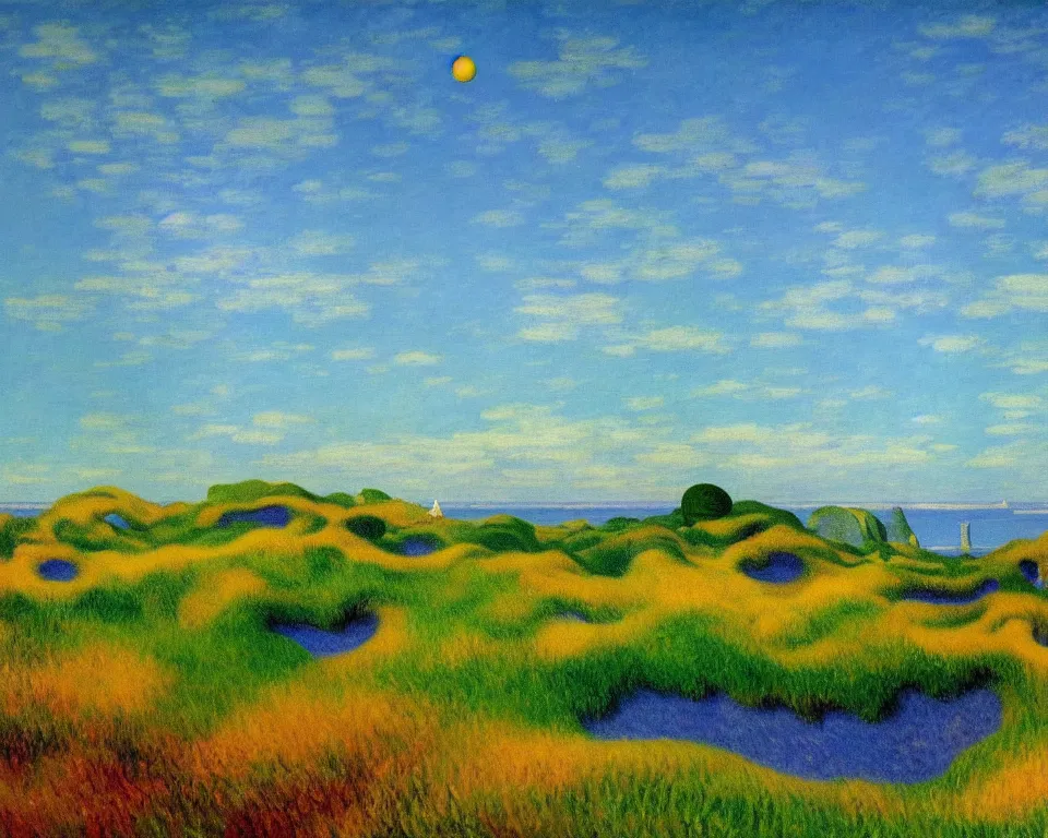 Image similar to achingly beautiful painting of bandon dunes by rene magritte, monet, and turner.