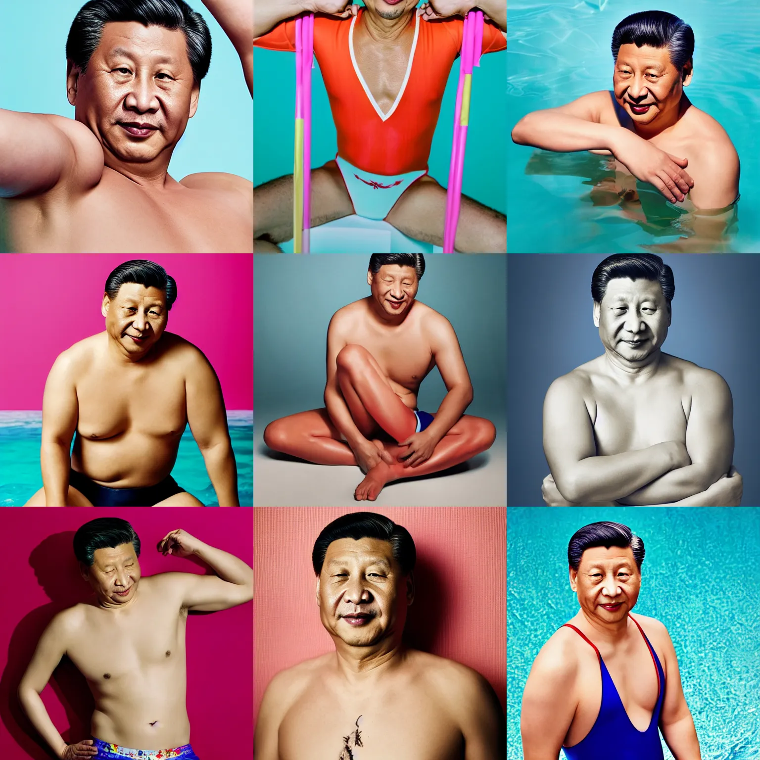 Prompt: Photo of Xi Jinping in swimsuit, soft studio lighting, vibrant colors, photo taken by Martin Schoeller for Abercrombie and Fitch, award-winning photo, 24mm f/1.4