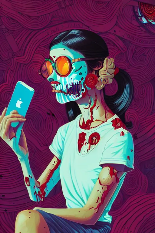 Image similar to a zombie teenager staring at their phone, tristan eaton, victo ngai, artgerm, rhads, ross draws