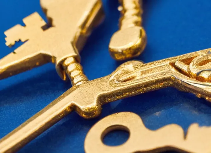 Prompt: close up of a gold and sapphire key, high detail, complex