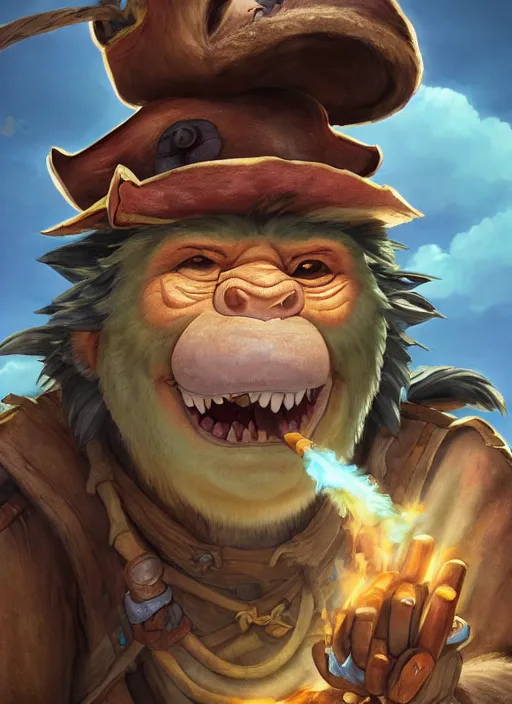 Image similar to studio ghibli pathfinder 2 e bestiary digital illustration of a goblin mixed with a monkey smoking a cigar, pirate themed, character portrait, unreal engine, hyper realism, realistic shading, cinematic composition, realistic render, octane render, detailed textures, studio lighting, photorealistic, wide shot