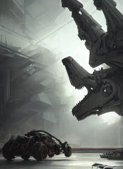 Prompt: mecha t-rex in a hangar, dramatic lighting, cinematic, establishing shot, extremely high detail, foto realistic, cinematic lighting, post processed, concept art, artstation, matte painting, style by eddie mendoza, raphael lacoste, alex ross