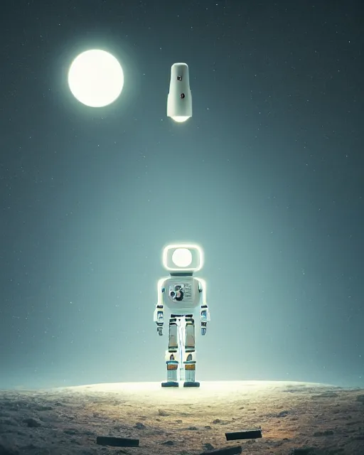 Image similar to a robot standing in front of a glowy open door that's on a barren moon, poster art by mike winkelmann, trending on cg society, space art, sci - fi, ue 5, futuristic, volumetric lighting, light casting onto the ground, neat composition and camera angle