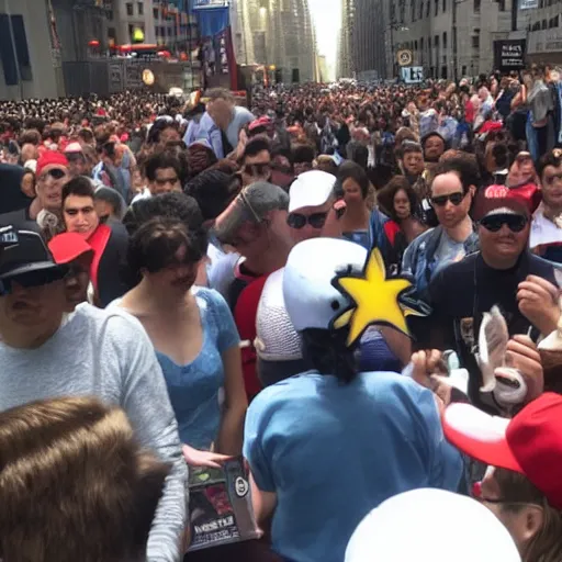 Prompt: supermario in NYC streets and crowded by people who waits for his autograph