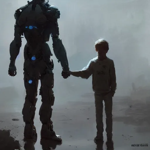 Image similar to A boy holding hands with a cyborg, trending on art station, realistic science fiction by Greg Rutkowski