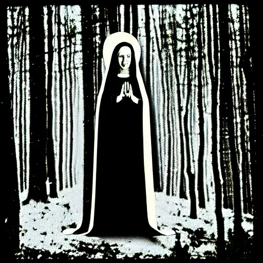 Image similar to marian apparition in forest, high contrast, found footage, vhs, 1 9 9 0, beautiful, highly realistic, highly detailed, vhs noise static, black and white, vhs glitch