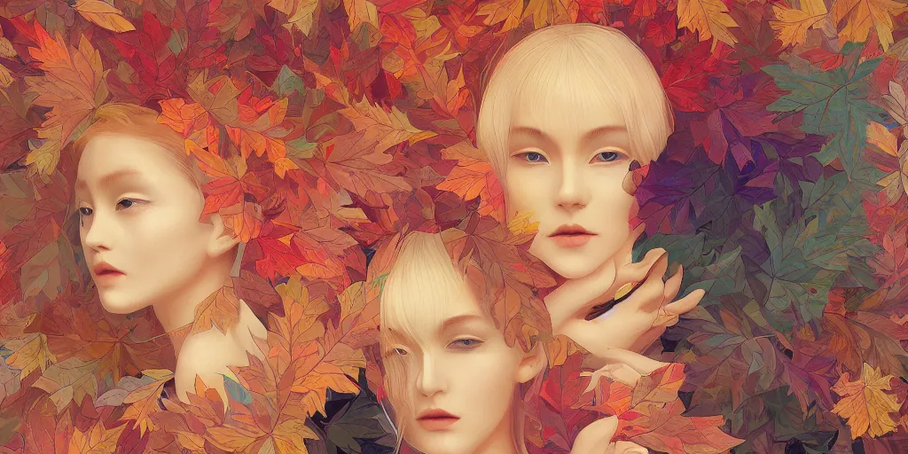 Image similar to breathtaking detailed concept art painting kaleidoscope art deco pattern of blonde faces goddesses amalgamation autumn leaves, by hsiao - ron cheng, bizarre compositions, exquisite detail, extremely moody lighting, 8 k