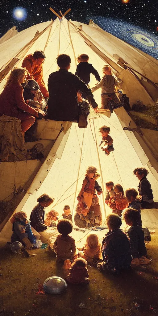 Prompt: a mother a father and 8 children sitting in front of a tipi and seeing the universe full of galaxies and planets, imagination, part by norman rockwell, part by greg rutkowski, part by mattias adolfsson, high angle, ( ( ( ( volumetric lighting ) ) ) ), oil on canvas