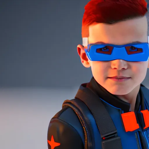 Prompt: a young boy with the appearance of soldier 7 6 from overwatch, design, octane render, 4 k, ingame shot