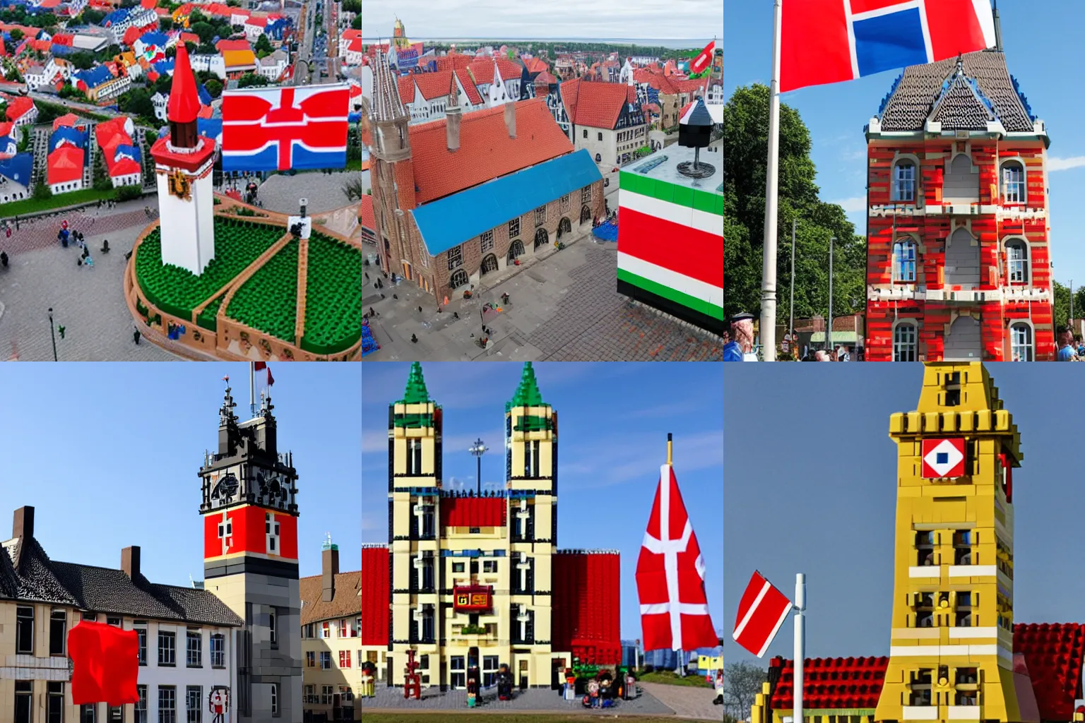 Prompt: a town built entirely out of lego bricks, danish flags waving at the top of a giant lego clock tower