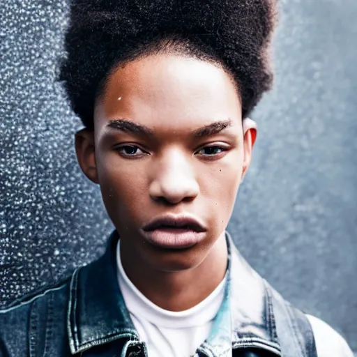 Image similar to realistic photoshooting for a new balenciaga lookbook color film photography portrait of a beautiful woman model, model wears a black paneled denim jacket, photo in style of tyler mitchell