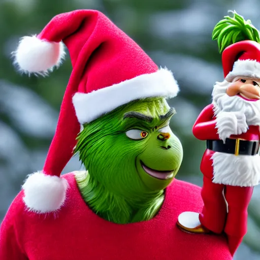 Prompt: grinch holding a miniature figurine of a santa claus 8 k