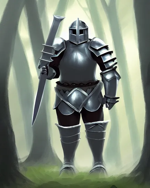 Image similar to concept art of a thicc knight, wearing heavy medival knight armor, holding a long sword, walking through a foggy oak forest | | epic - fine - clean, polished, trending on artstation, brush strokes