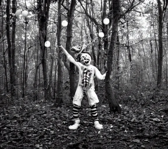 Image similar to zombie clown spotted in a dark forest, found footage, black and white