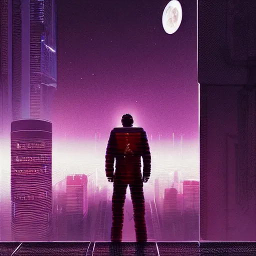 Image similar to “ man on the moon, cyberpunk art by vincent lefevre, behance contest winner, altermodern, cityscape, synthwave, matte painting ”