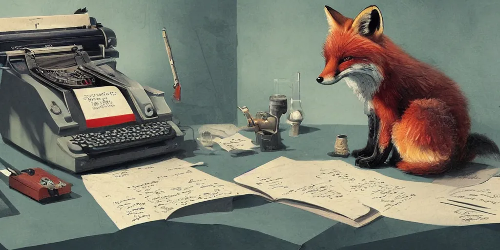 Prompt: fox using an olivetti to write a script but he ’ s not sure about it so far, character sheet, colorful, contrast, 3 d scene, greg rutkowski, zabrocki, karlkka, jayison devadas, trending on artstation, 8 k, ultra wide angle, zenith view, pincushion lens effect