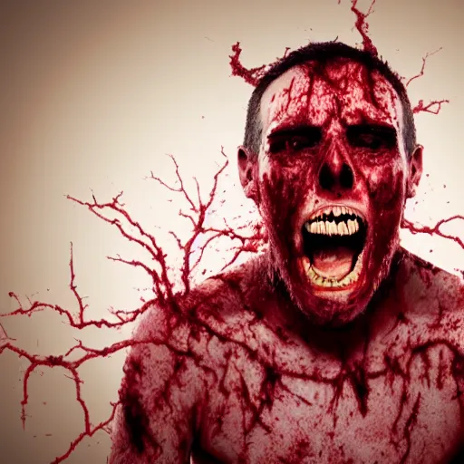 Image similar to photo of generic human face becoming part blood tree screaming in pain