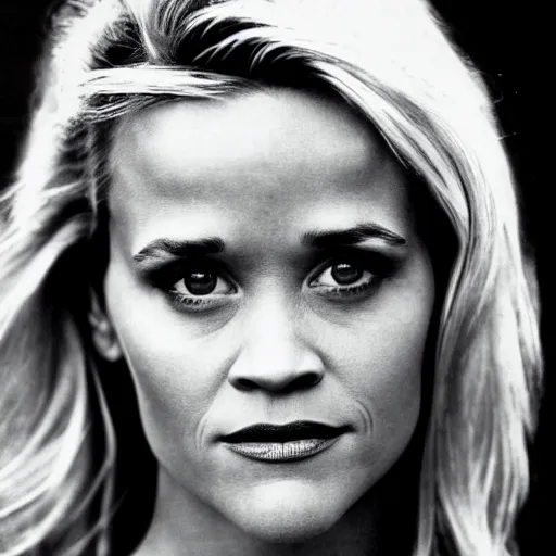 Prompt: black and white vogue closeup portrait by herb ritts of a beautiful female model, reese witherspoon, high contrast