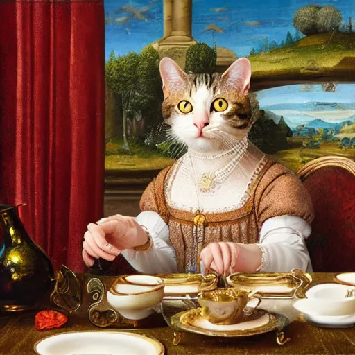 Prompt: highly detailed renaissance cat with symmetrical face playing a violin at a tea party, matte painting , 8k resolution, vivid