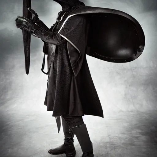 Prompt: photo of a futuristic plague doctor warrior