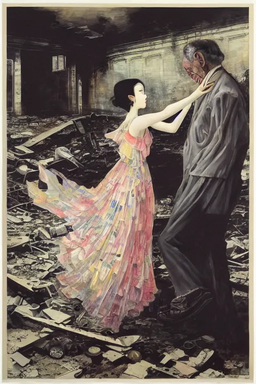 Prompt: A young woman dancing with her grandfather in front of a gramophone inside the ruined remained of a hospital, by Adrian Ghenie and Gerhard Richter part by Takato Yamamoto. 8k masterpiece, hyper detailed, sharp focus, Soft light 4K,