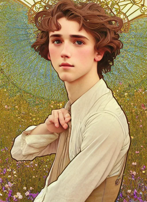 Image similar to pretty young man with shoulder length shiny shimmering golden blond hair, half body shot, emotional, decorative flower patterned background, path traced, highly detailed, high quality, digital painting, by studio ghibli and alphonse mucha, leesha hannigan, hidari, disney, jules bastien - lepage, art nouveau