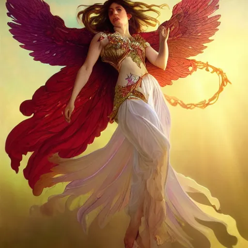 Prompt: a beautiful orchid phoenix angel woman, in an ornamented dress with large wings, volumetric light, god rays, 8 k high resolution, rubies, by greg rutkowski, alphonse mucha, artgerm,