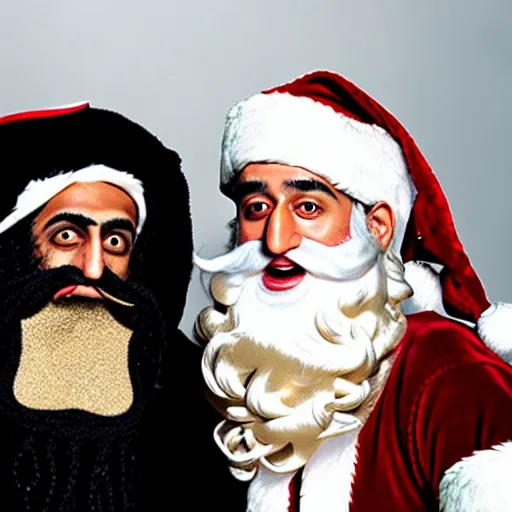 Prompt: uhd candid photo of bin laden and a b dressed as santa claus, making a bomb. correct faces, intricate details, hyperdetailed, accurate faces. photo by annie leibowitz